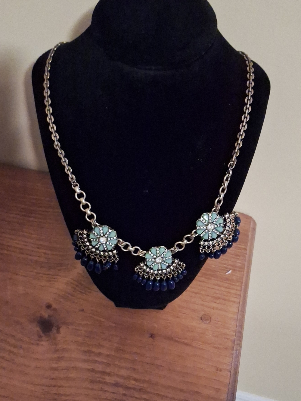 J. Crew Gold-Tone Necklace with Mint Green Flower Motifs and Navy Bead Fringe